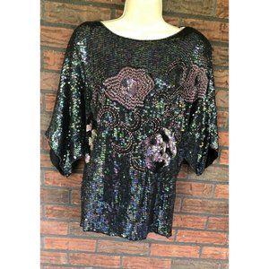 Iridescent Beaded Blouse XL 100% Silk Short Sleeve Top Shoulder Pad Lined Sequin